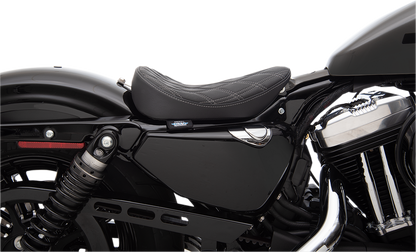 Drag Specialties Bobber Solo Seat with silver stitching for 2010-2022 Harley-Davidson XL models, featuring a classic double diamond pattern.