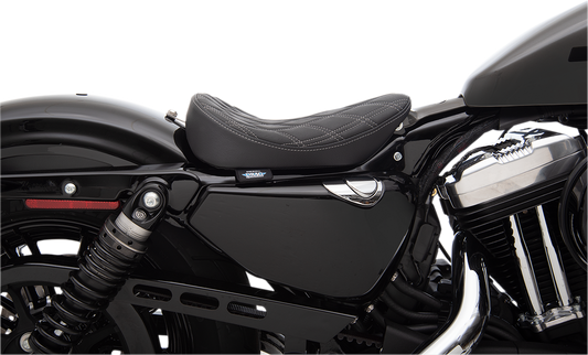 Drag Specialties Bobber Solo Seat with silver stitching for 2010-2022 Harley-Davidson XL models, featuring a classic double diamond pattern.