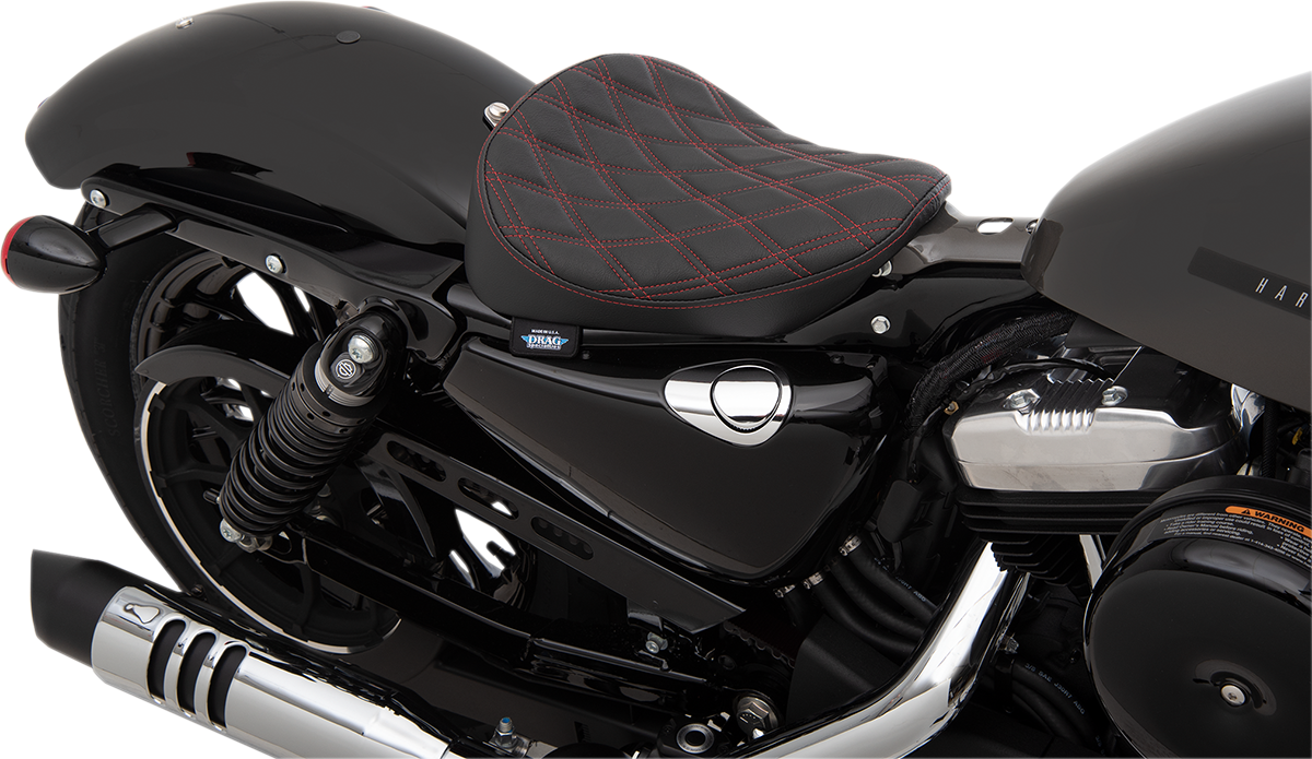 Drag Specialties Bobber Solo Seat with red stitching for Harley XL 2010-2022, featuring double diamond pattern and durable black leather.