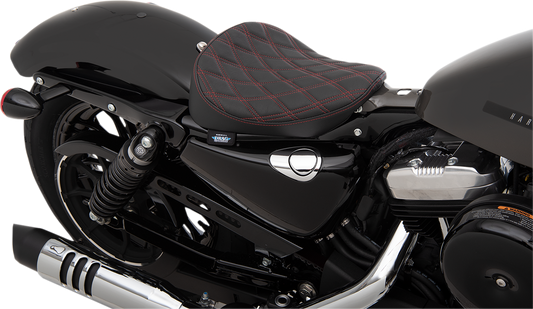 Drag Specialties Bobber Solo Seat with red stitching for Harley XL 2010-2022, featuring double diamond pattern and durable black leather.