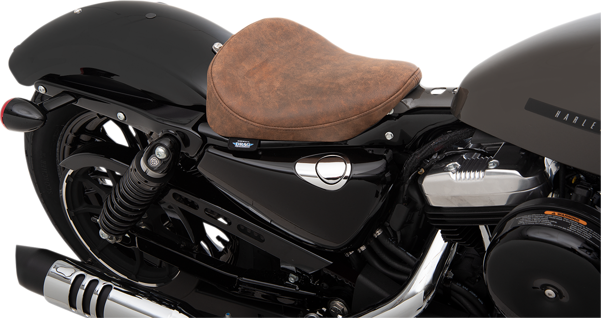 Brown distressed solo seat for Harley XL, Drag Specialties Bobber seat, designed for 2010-2022 Harley models.