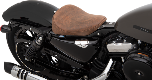 Brown distressed solo seat for Harley XL, Drag Specialties Bobber seat, designed for 2010-2022 Harley models.