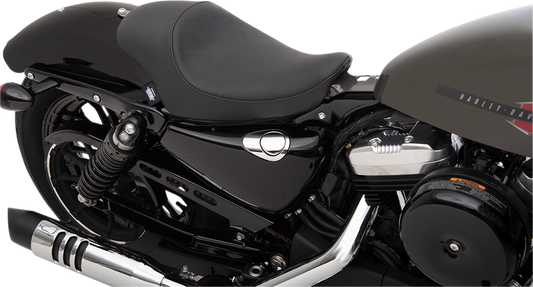 Black smooth 3/4 solo seat for Harley-Davidson XL by Drag Specialties, designed for improved comfort and stylish look.