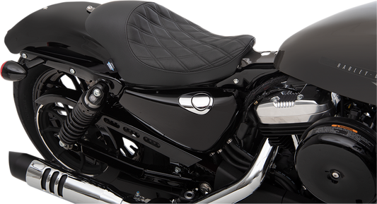 Drag Specialties 3/4 solo seat for Harley XL, black double diamond with black stitching, fits 2004-2022 models.