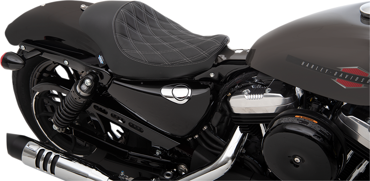 Drag Specialties 3/4 solo seat for Harley XL 2004-2022, black with silver stitching, double diamond pattern, motorcycle seat.
