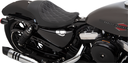 Drag Specialties 3/4 solo seat for Harley XL 2004-2022, black with silver stitching, double diamond pattern, motorcycle seat.