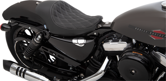 Drag Specialties 3/4 solo seat for Harley XL 2004-2022, black with silver stitching, double diamond pattern, motorcycle seat.