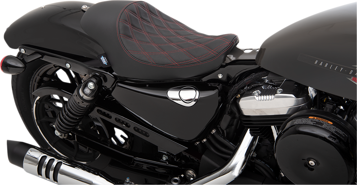 Black 3/4 solo seat with red stitching from Drag Specialties, featuring double diamond pattern, designed for XL motorcycles 2004-2022.