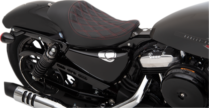 Black 3/4 solo seat with red stitching from Drag Specialties, featuring double diamond pattern, designed for XL motorcycles 2004-2022.