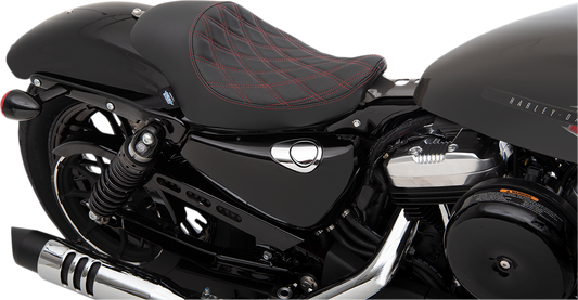 Black 3/4 solo seat with red stitching from Drag Specialties, featuring double diamond pattern, designed for XL motorcycles 2004-2022.