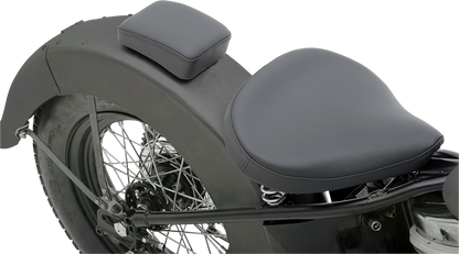 Black small pillion seat by Drag Specialties, designed for motorcycle comfort and style.
