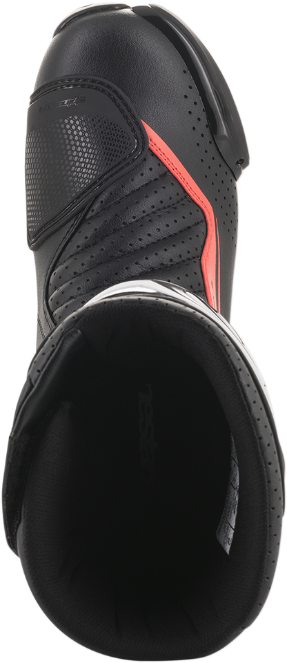 Alpinestars SMX-6 v2 vented motorcycle boots in black, gray, and red with sturdy soles and protective features, US size 7.5.