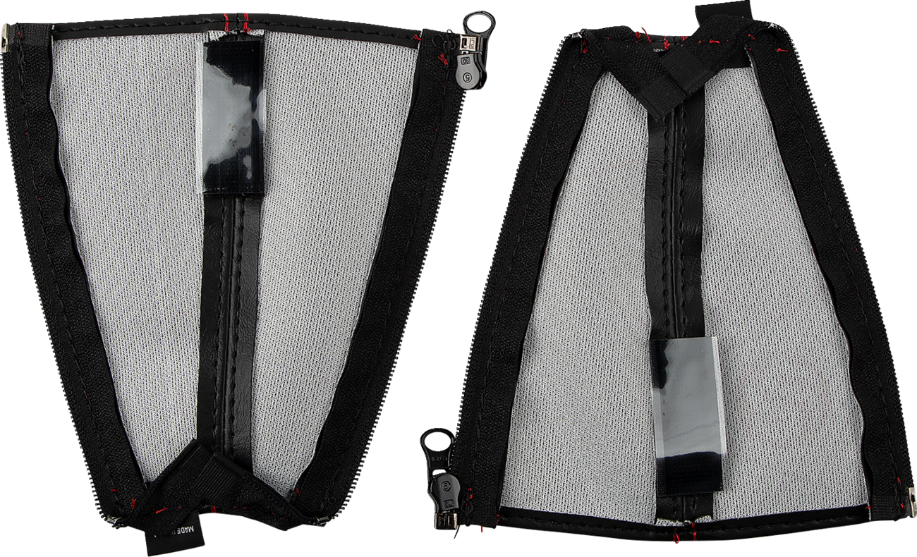 Black SHOW CHROME seat belt covers with red stitching, designed for engine safety and style by Bill's Exhausts.
