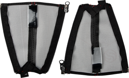 Black SHOW CHROME seat belt covers with red stitching, designed for engine safety and style by Bill's Exhausts.