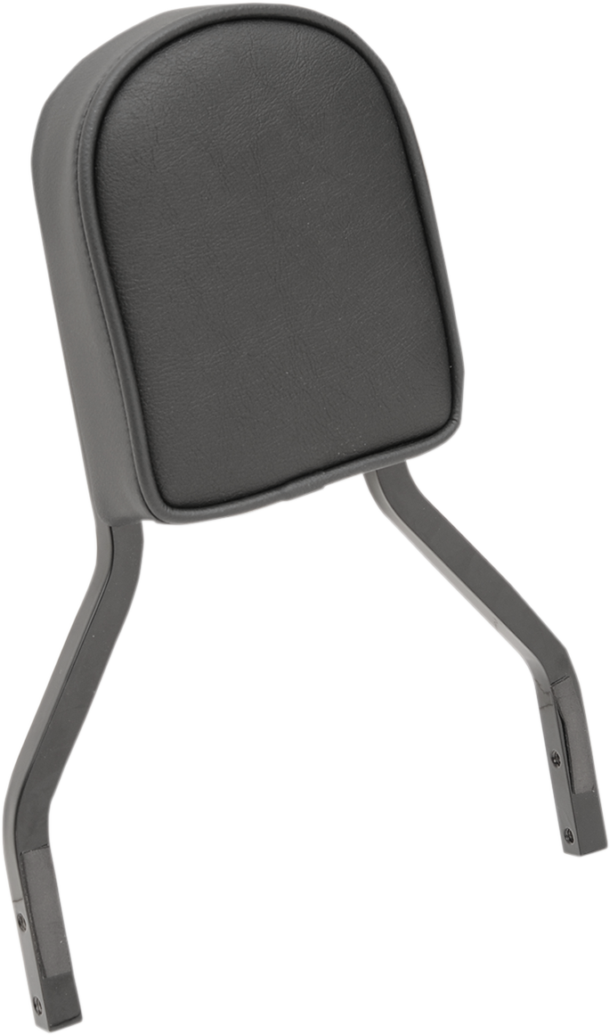 Black Drag Specialties Seats short sissy bar pad with piping for motorcycle, showing the padded seat with piping detail.