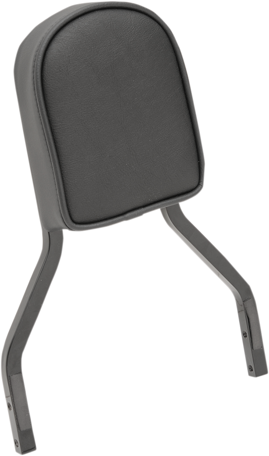 Black Drag Specialties Seats short sissy bar pad with piping for motorcycle, showing the padded seat with piping detail.