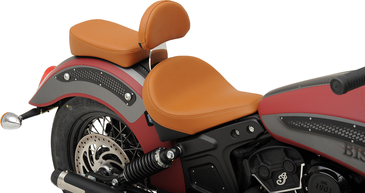 DRAG SPECIALTIES SEATS Scout/Scout Sixty sissy bar pad in smooth brown leather with logo embroidery for motorcycle seating.