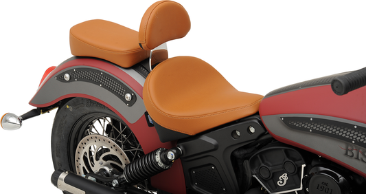 DRAG SPECIALTIES SEATS Scout/Scout Sixty sissy bar pad in smooth brown leather with logo embroidery for motorcycle seating.