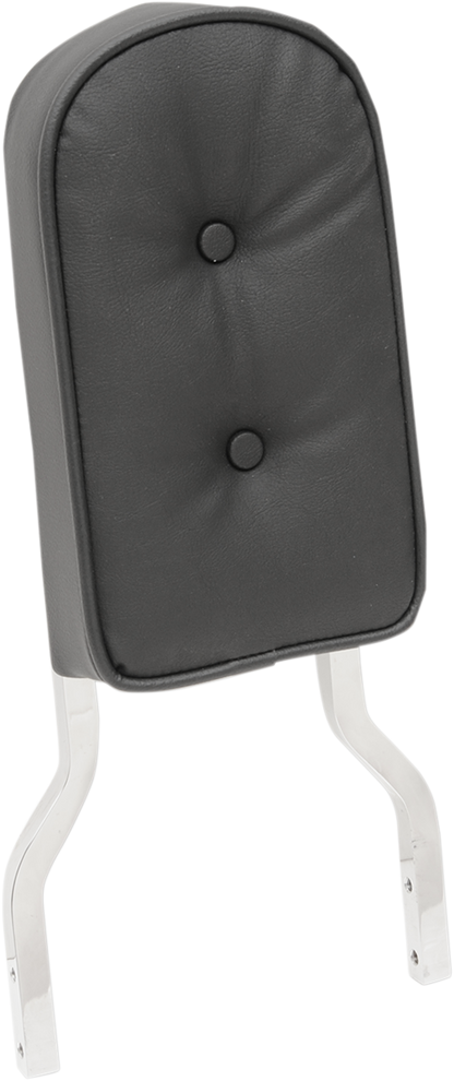 Black Drag Specialties Seats tall sissy bar pad with pillow and piping for motorcycle, providing comfortable back support.