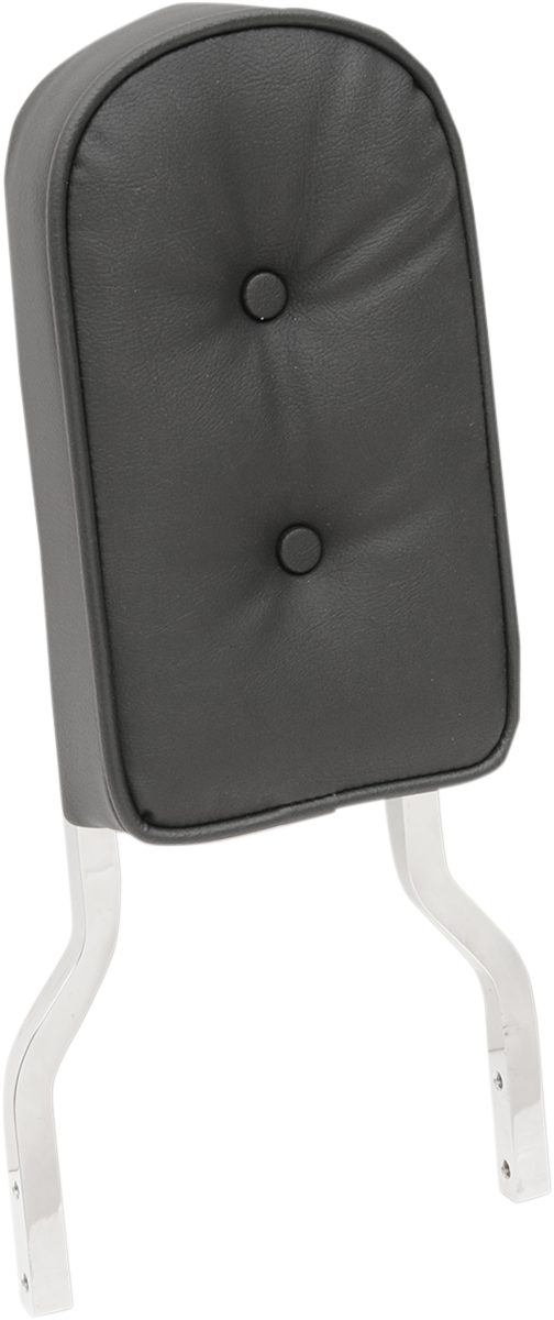 Black Drag Specialties Seats tall sissy bar pad with pillow and piping for motorcycle, providing comfortable back support.