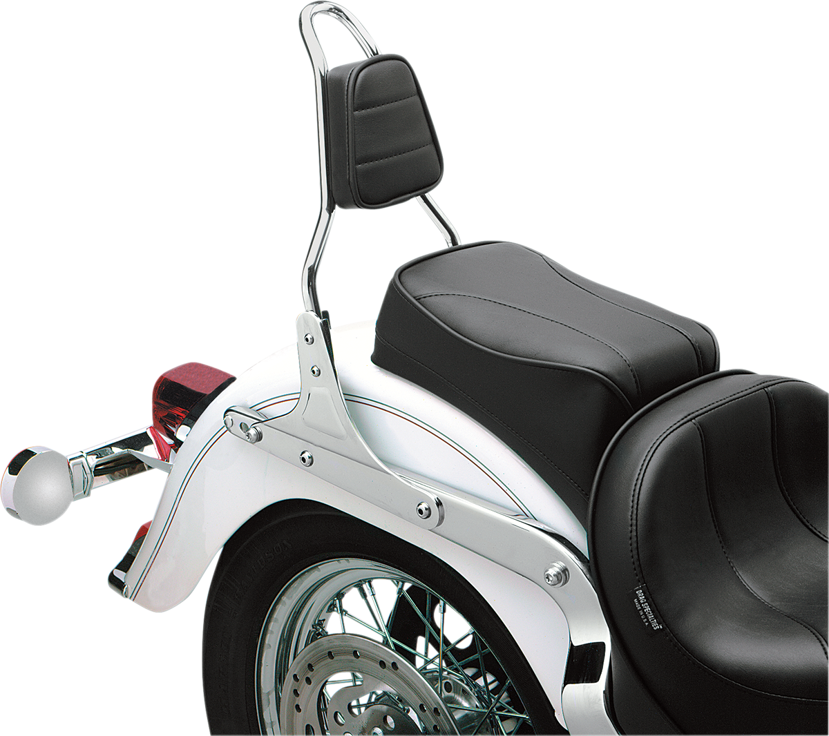 Drag Specialties Seats tapered backrest pad with stitched black vinyl cover, designed for motorcycle comfort and style