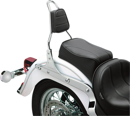 Drag Specialties Seats tapered backrest pad with stitched black vinyl cover, designed for motorcycle comfort and style