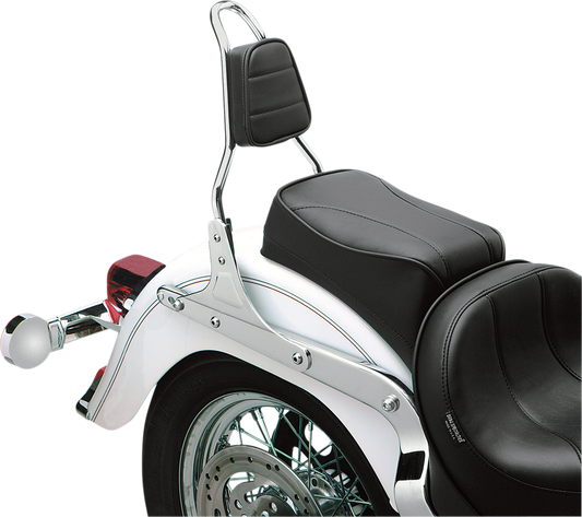 Drag Specialties Seats tapered backrest pad with stitched black vinyl cover, designed for motorcycle comfort and style