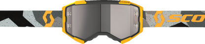 Bill's Exhausts Scott Fury Goggle in camo gray and yellow with silver accents, featuring an engine-style design.