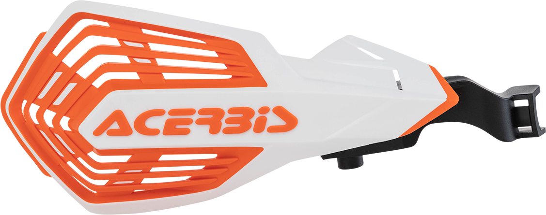 A pair of white and orange Acerbis K-Future handguards for motorcycle handlebars, designed for protection and style.