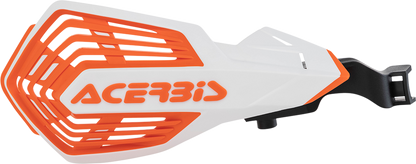 A pair of white and orange Acerbis K-Future handguards for motorcycle handlebars, designed for protection and style.