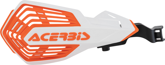 A pair of white and orange Acerbis K-Future handguards for motorcycle handlebars, designed for protection and style.