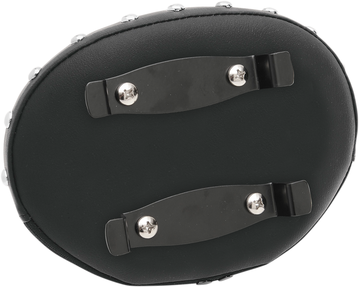 Black studded oval sissy bar pad from Drag Specialties Seats, designed for motorcycle sissy bars.
