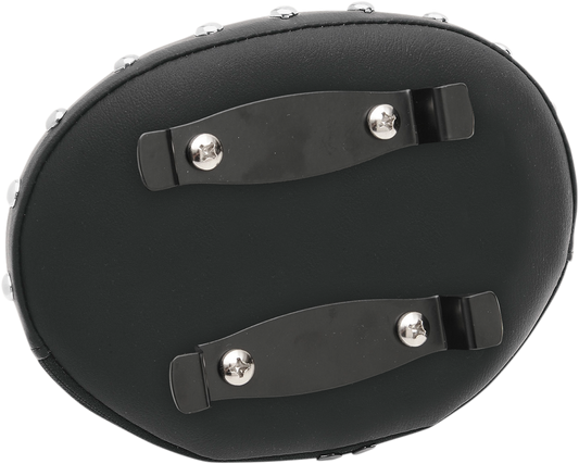 Black studded oval sissy bar pad from Drag Specialties Seats, designed for motorcycle sissy bars.