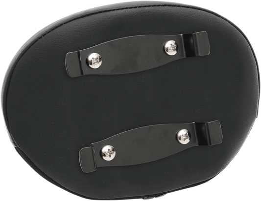 Black Drag Specialties Seats smooth oval sissy bar pad for motorcycle, designed for comfort and style.