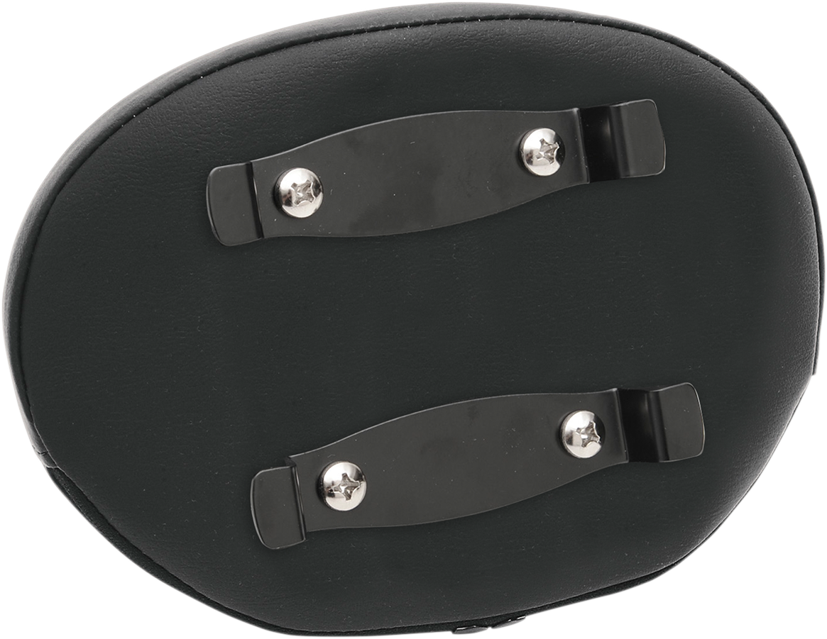 Black oval sissy bar pad for motorcycle seat by Drag Specialties Seats, designed for comfort and style.
