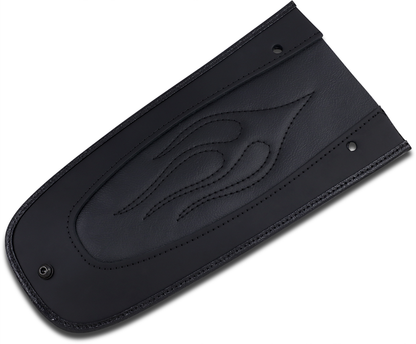 DRAG SPECIALTIES SEATS flame stitched fender skin with leather center, motorcycle seat accessory, black and orange design.