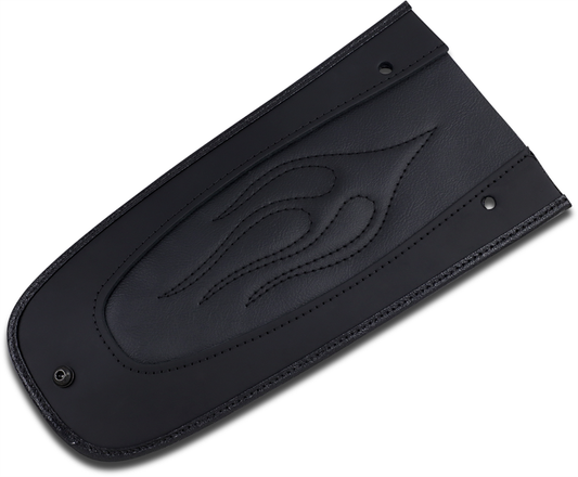 DRAG SPECIALTIES SEATS flame stitched fender skin with leather center, motorcycle seat accessory, black and orange design.