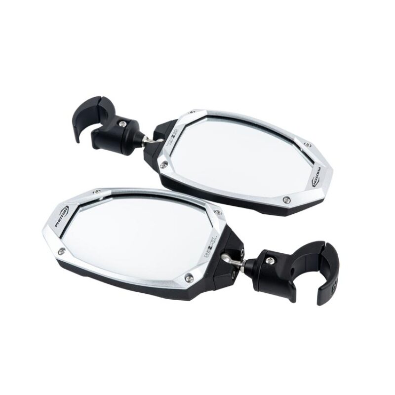 Seizmik Photon side view mirrors for UTVs, mounted on a vehicle, showcasing their adjustable design and sturdy build.