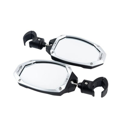 Seizmik Photon side view mirrors for UTVs, mounted on a vehicle, showcasing their adjustable design and sturdy build.