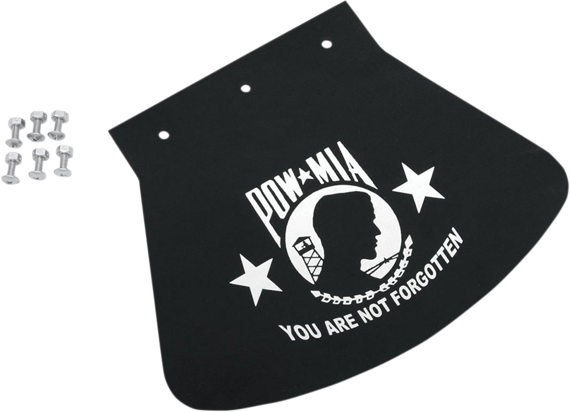 DRAG SPECIALTIES SEATS POW-MIA mud flap, 10.5 inches wide and 8 inches high, featuring the iconic POW-MIA design.