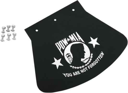 DRAG SPECIALTIES SEATS POW-MIA mud flap, 10.5 inches wide and 8 inches high, featuring the iconic POW-MIA design.