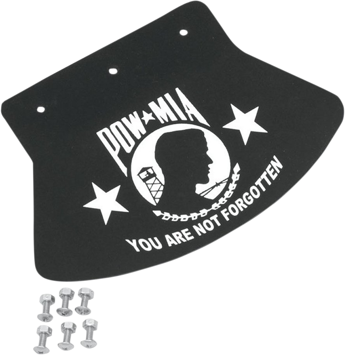 DRAG SPECIALTIES SEATS POW-MIA mud flap, 9.5 x 6.5 inches, featuring a detailed POW-MIA design on durable rubber material.