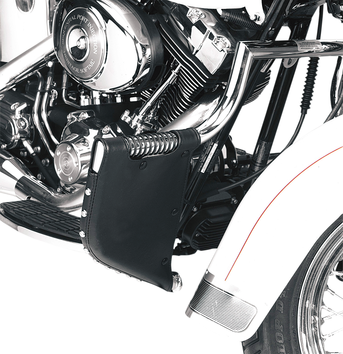 Black DRAG SPECIALTIES SEATS studded lower seat for FLST motorcycles, water-resistant all-weather material, durable and stylish.