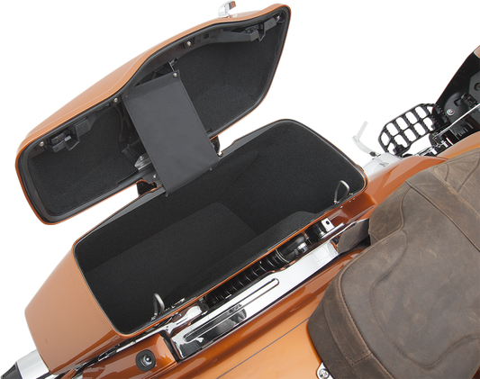 Black saddlebag lining kit for FL motorcycles, by Drag Specialties Seats, designed for 2014-2022 Harley-Davidson models.