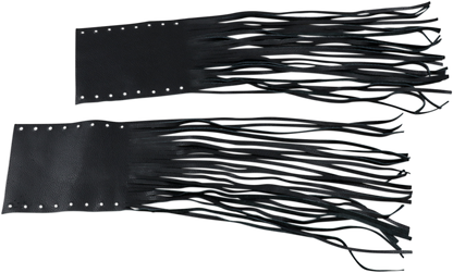 Drag Specialties Seats fringed leather grip covers for 1-inch bars, with rubber or foam grip options, shown on motorcycle handlebars.