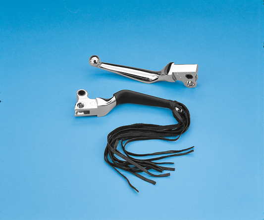 DRAG SPECIALTIES SEATS fringed leather lever covers for cruiser motorcycle seats, featuring stylish leather detailing and fringe accents.