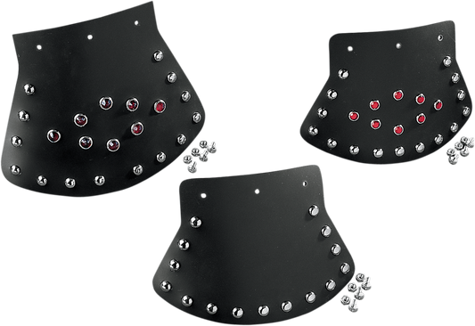DRAG SPECIALTIES SEATS DS393703 studded rubber mud flap, 9.5 inches wide and 6.5 inches high, with studded design for motorcycle protection.
