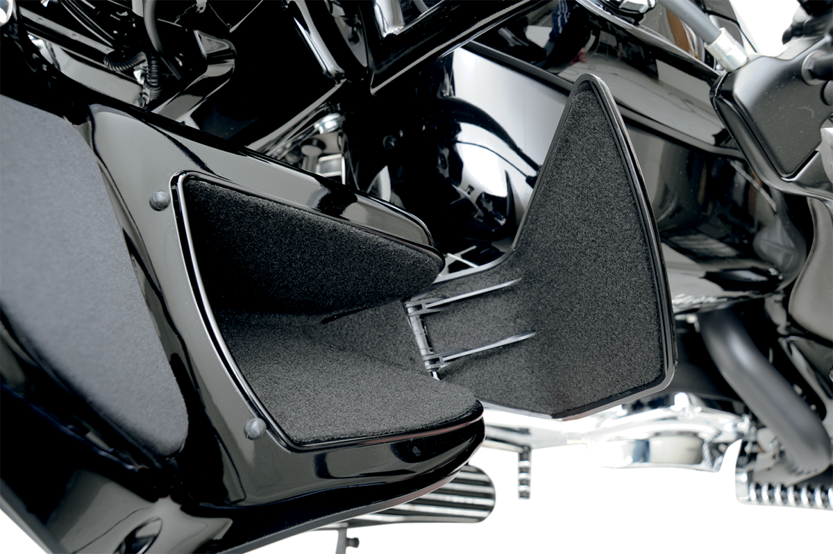 DRAG SPECIALTIES SEATS fairing pocket lining kit, motorcycle accessory with black fabric and secure fastening details.