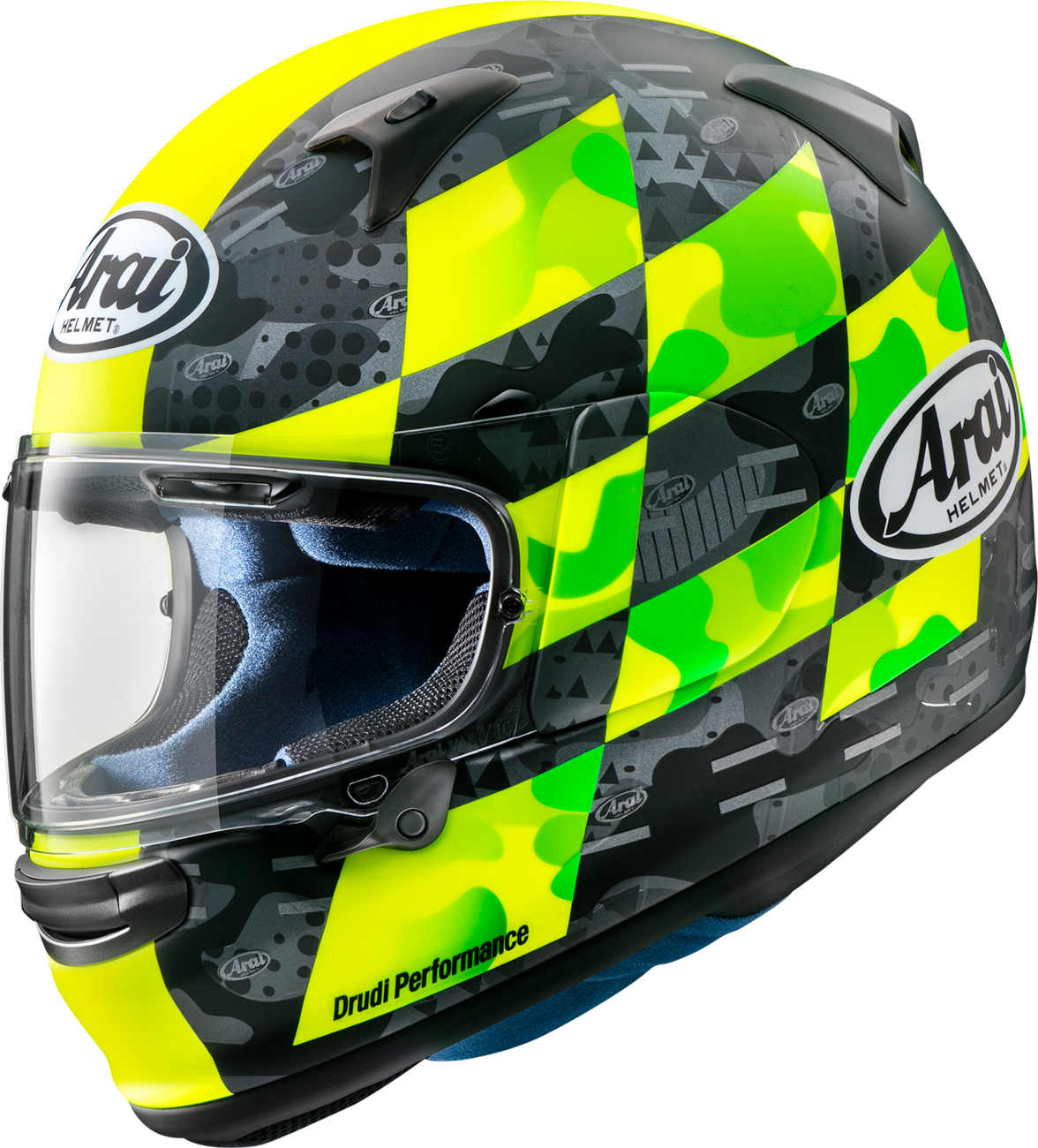 Yellow ARAI Helmets Regent-X helmet with VAS shield system, medium size, showing the full helmet and visor design.