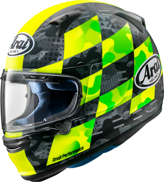 Yellow ARAI Helmets Regent-X helmet with VAS shield system, medium size, showing the full helmet and visor design.